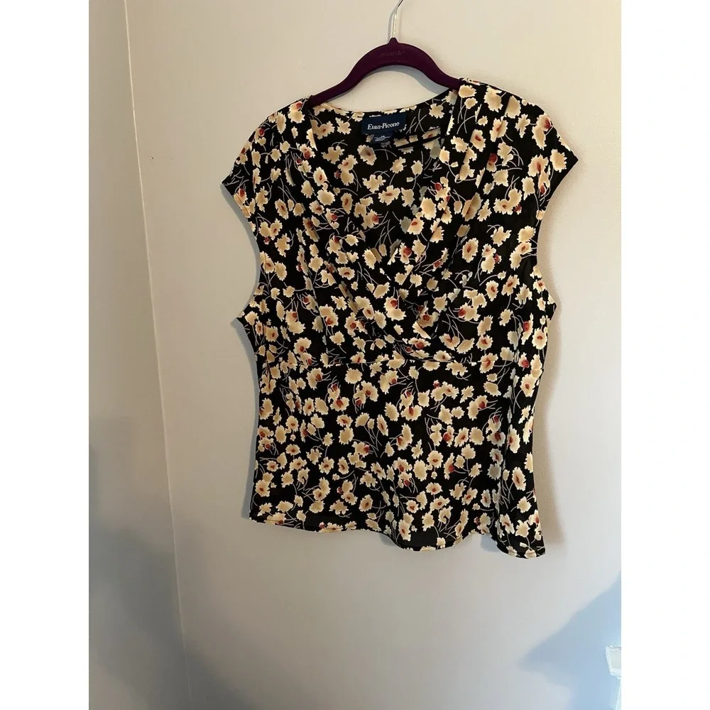 Evan Picone Women's Midi Skirt and Top Set Size 16 Black Beige Floral Sleeveless